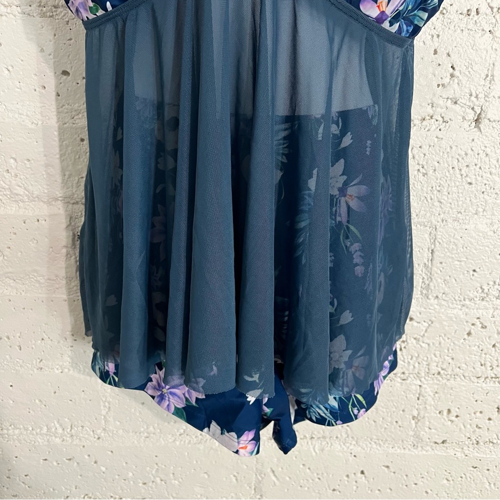 Shein Womens Swimsuit 3XL Blue Floral Sheer Overlay Shorts Removable Cups F1 - Picture 3 of 5